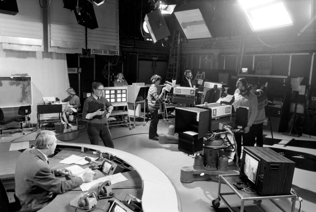 The ITN News Studio preparing for the lunch time bulletin. March 1981.
